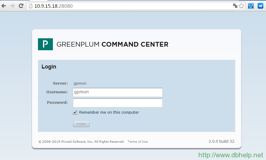 Greenplum Command Center登录页面